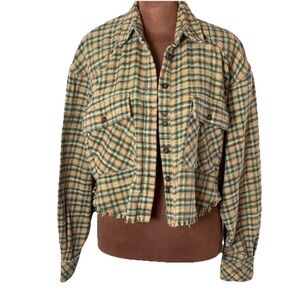 BDG Women Size XS Green Orange Brown Plaid Cropped Flannel  Raw Hem Oversized